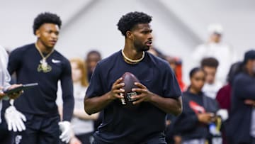 Apr 4, 2025; Boulder, CO, USA; Colorado Buffaloes quarterback Shedeur Sanders (2) passes the ball at the University of Colorado NFL Showcase at the CU Indoor Practice Facility. Mandatory Credit: Michael Ciaglo-Imagn Images
