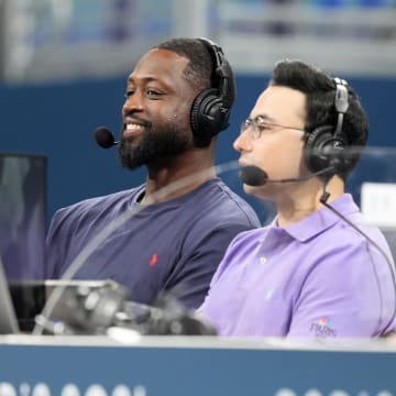 Jul 27, 2024: Dwyane Wade looks on from the media bench during the first half between Canada and Greece during the Paris 2024 Olympic Summer Games.