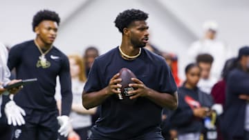 Colorado Buffaloes quarterback Shedeur Sanders passes the ball at the University of Colorado NFL Showcase at the CU Indoor Practice Facility. 