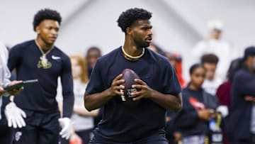 Colorado Buffaloes quarterback Shedeur Sanders (2) passes the ball at the University of Colorado NFL Showcase at the CU Indoor Practice Facility last week.