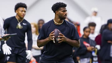 Colorado Buffaloes quarterback Shedeur Sanders (2) passes the ball at the University of Colorado NFL Showcase at the CU Indoor Practice Facility.