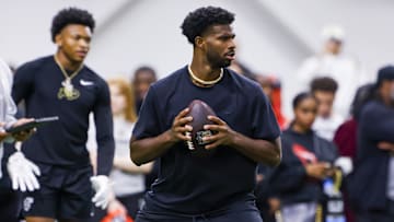 Apr 4, 2025; Boulder, CO, USA; Colorado Buffaloes quarterback Shedeur Sanders (2) passes the ball at the University of Colorado NFL Showcase at the CU Indoor Practice Facility. Mandatory Credit: Michael Ciaglo-Imagn Images