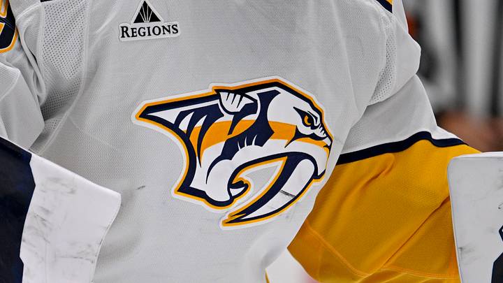 Dec 12, 2024; Dallas, Texas, USA; A view of the Nashville Predators logo on the jersey of goaltender Justus Annunen (29) during the game between the Dallas Stars and the Nashville Predators at American Airlines Center. Mandatory Credit: Jerome Miron-Imagn Images