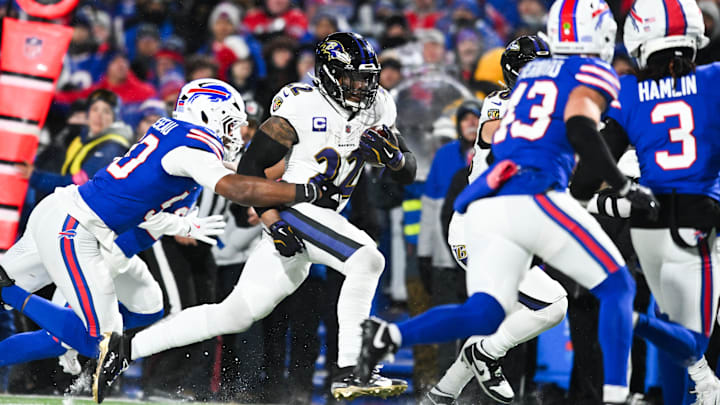 Baltimore Ravens running back Derrick Henry runs the ball against the Buffalo Bills in a 2025 AFC divisional round game Baltimore Ravens running back Derrick Henry runs the ball against the Buffalo Bills in a 2025 AFC divisional round game