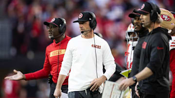 Jan 5, 2025; Glendale, Arizona, USA; San Francisco 49ers head coach Kyle Shanahan against the Arizona Cardinals at State Farm Stadium.