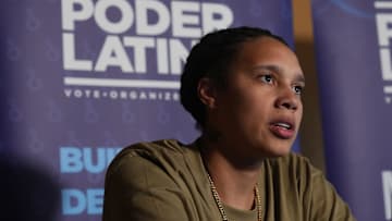 Oct 29, 2024; Phoenix, Ariz, U.S.; WNBA player Brittney Griner joins Poder Latinx to promote “Cabalgata to the Polls”, a horseback riding event and live Banda music to celebrate National Vote Early Day,