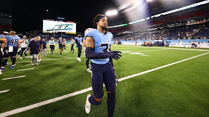 Aug 17, 2024; Nashville, Tennessee, USA;  Tennessee Titans safety Jamal Adams (33) leaves the field after celebrating a win over the Seattle Seahawksat Nissan Stadium. Mandatory Credit: Casey Gower-Imagn Images