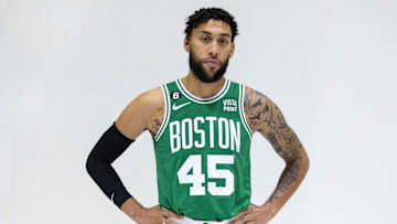 Sep 26, 2022; Boston, MA, USA; Boston Celtics guard Denzel Valentine (45) during Celtics Media Day. Mandatory Credit: Paul Rutherford-Imagn Images