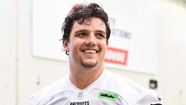 Jun 10, 2025; Foxborough, MA, USA; New England Patriots offensive tackle Will Campbell (66) speaks to the media after minicamp held in the WIN Field House at Gillette Stadium. Mandatory Credit: Eric Canha-Imagn Images