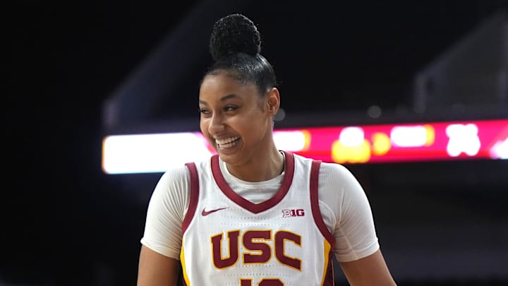 USC guard JuJu Watkins celebrates a win.