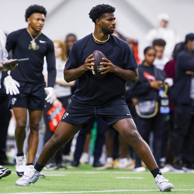 Apr 4, 2025; Boulder, CO, USA; Colorado Buffaloes quarterback Shedeur Sanders (2) passes the ball at the University of Colora