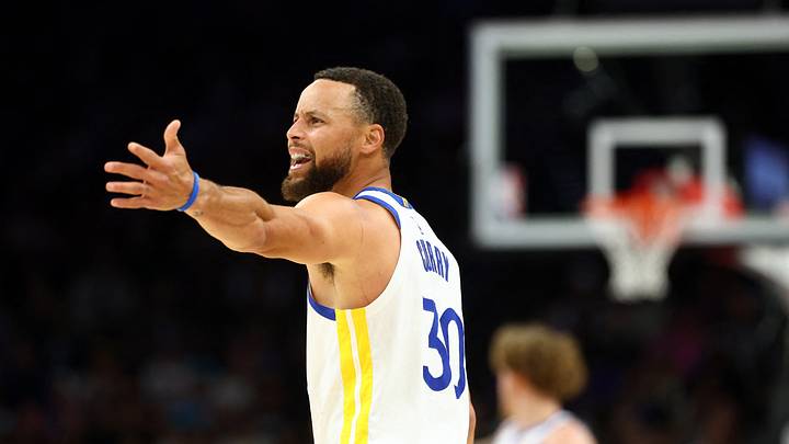 Apr 17, 2026; Phoenix, Arizona, USA; Golden State Warriors guard Stephen Curry (30) reacts against the Phoenix Suns during the second half in the play-in rounds of the 2026 NBA Playoffs at Mortgage Matchup Center. Mandatory Credit: Mark J. Rebilas-Imagn Images