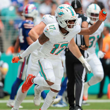 Miami Dolphins wide receiver Jaylen Waddle (17) celebrates after a touchdown during the first half against the Buffalo Bills at Hard Rock Stadium. 