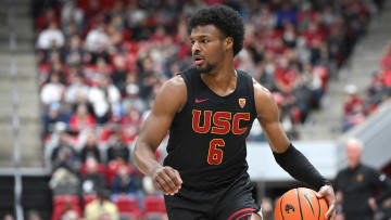 Feb 29, 2024; Pullman, Washington, USA; USC Trojans guard Bronny James (6) controls the ball against the Washington State Cougars in the first half at Friel Court at Beasley Coliseum. Mandatory Credit: James Snook-USA TODAY Sports