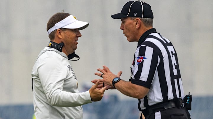 Oct 11, 2025; Columbia, MO; USA; Missouri Tigers head coach Eli Drinkwitz talks to an official during a game against the Alabama Crimson Tide at Faurot Field. Oct 11, 2025; Columbia, MO; USA; Missouri Tigers head coach Eli Drinkwitz talks to an official during a game against the Alabama Crimson Tide at Faurot Field.