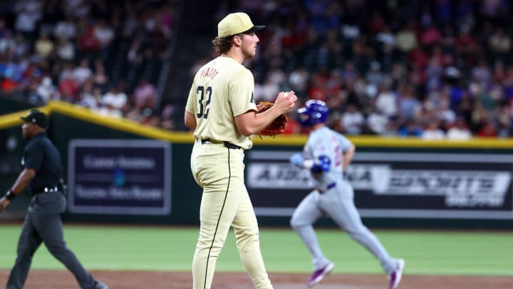 Aug 27, 2024; Phoenix, Arizona, USA; Arizona Diamondbacks pitcher Brandon Pfaadt reacts after giving up a home run to New York Mets first baseman Pete Alonso in the second inning at Chase Field. Mandatory Credit: Mark J. Rebilas-USA TODAY Sports