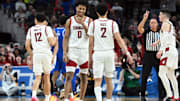 Mar 21, 2024; Omaha, NE, USA; Washington State Cougars forward Jaylen Wells (0) and guard Myles Rice (2) react in the second half against the Drake Bulldogs in the first round of the 2024 NCAA Tournament at CHI Health Center Omaha. Mandatory Credit: Steven Branscombe-USA TODAY Sports