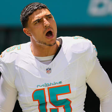 Miami Dolphins linebacker Jaelan Phillips (15) runs onto the field before the game against the Jacksonville Jaguars at Hard Rock Stadium.