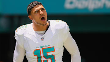 Sep 8, 2024; Miami Gardens, Florida, USA; Miami Dolphins linebacker Jaelan Phillips (15) runs onto the field before the game against the Jacksonville Jaguars at Hard Rock Stadium. Mandatory Credit: Sam Navarro-Imagn Images