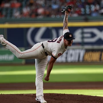 Aug 13, 2025; Houston, Texas, USA; Houston Astros starting pitcher Hunter Brown (58) pitches against the Boston Red Sox  in the second inning at Daikin Park. 
