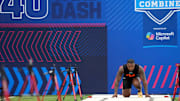 Mar 1, 2025; Indianapolis, IN, USA; Texas Tech running back Tahj Brooks (RB04) during the 2025 NFL Combine at Lucas Oil Stadium. Mandatory Credit: Kirby Lee-Imagn Images