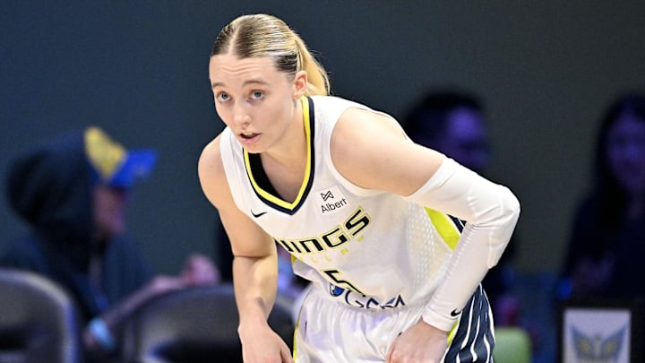 Sep 11, 2025; Arlington, Texas, USA; Dallas Wings guard Paige Bueckers (5) looks on during the second half against the Phoenix Mercury at College Park Center. Mandatory Credit: Jerome Miron-Imagn Images Sep 11, 2025; Arlington, Texas, USA; Dallas Wings guard Paige Bueckers (5) looks on during the second half against the Phoenix Mercury at College Park Center. Mandatory Credit: Jerome Miron-Imagn Images