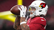 Arizona Cardinals receiver Andre Baccellia (82) warms up before their game against the Jacksonville Jaguars at State Farm Stadium on Nov. 23, 2025.