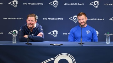 Apr 23, 2019; Thousand Oaks, CA, USA; Los Angeles Rams general manager Les Snead (left) and coach