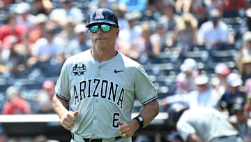 Jun 15, 2025; Omaha, Neb, USA; Arizona Wildcats head coach Chip Hale (6) on the field during the game against the Louisville Cardinals at Charles Schwab Field. Mandatory Credit: Steven Branscombe-Imagn Images