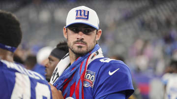 Aug 8, 2024; East Rutherford, New Jersey, USA;  New York Giants quarterback Daniel Jones (8) looks around after the preseason game between the New York Giants and Detroit Lions at MetLife Stadium. Mandatory Credit: Scott Rausenberger-USA TODAY Sports