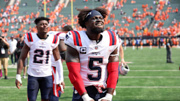 Sep 8, 2024; Cincinnati, Ohio, USA;  New England Patriots safety Jabrill Peppers (5) celebrates following the win over the Cincinnati Bengals at Paycor Stadium. Mandatory Credit: Joseph Maiorana-Imagn Images