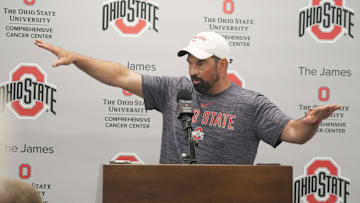 Ohio State football coach Ryan Day talks during the Ohio State football coaches news conference August 18, 2025 at the Woody Hayes Athletic Center in Columbus, Ohio. Coaches answering questions were Day, Matt Patricia and Brian Hartline.
