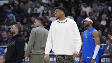 Apr 13, 2025; Milwaukee, Wisconsin, USA; Milwaukee Bucks forward Giannis Antetokounmpo (34) celebrates the Milwaukee Bucks comeback in the second half against he Detroit Pistons at Fiserv Forum. Mandatory Credit: Michael McLoone-Imagn Images