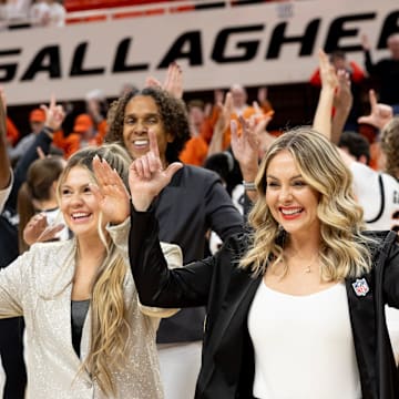 Jan 17, 2024; Stillwater, Okla, USA; Oklahoma State Cowgirls head coach Jacie Hoyt celebrates with the team after a women  s NCAA basketball game against the BYU Cougars at Gallagher Iba Arena. Mandatory Credit: Mitch Alcala-The Oklahoman