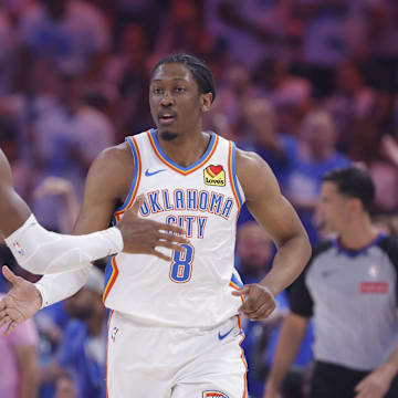 May 13, 2025; Oklahoma City, Oklahoma, USA; Oklahoma City Thunder forward Jalen Williams (8) and guard Shai Gilgeous-Alexander (2) celebrate after a scoring against the Denver Nuggets during the first quarter of game five of the second round for the 2025 NBA Playoffs at Paycom Center. Mandatory Credit: Alonzo Adams-Imagn Images