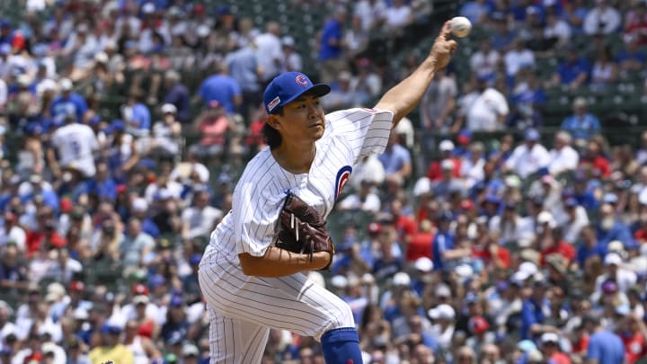 Jun 15, 2024; Chicago, Illinois, USA;  Chicago Cubs pitcher Shota Imanaga (18) delivers a pitch during the first inning against the St. Louis Cardinals at Wrigley Field. Mandatory Credit: Matt Marton-USA TODAY Sports