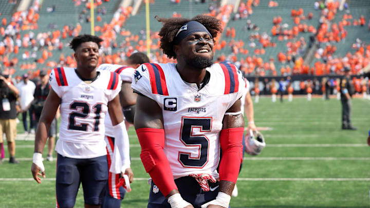 Sep 8, 2024; Cincinnati, Ohio, USA;  New England Patriots safety Jabrill Peppers (5) celebrates following the win over the Cincinnati Bengals at Paycor Stadium. Mandatory Credit: Joseph Maiorana-Imagn Images