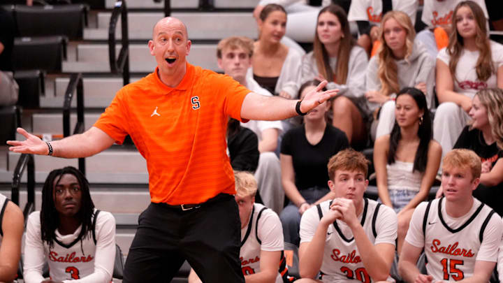 Sarasota High boys basketball coach BJ Ivey. The Sailors advance to the regional tournament with a 58-52 victory over Lehigh winning the Class 7A-District 12 championship before a packed house at the Sailor gym, Friday night Feb. 7, 2025.