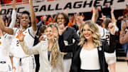 Jan 17, 2024; Stillwater, Okla, USA; Oklahoma State Cowgirls head coach Jacie Hoyt celebrates with the team after a women  s NCAA basketball game against the BYU Cougars at Gallagher Iba Arena. Mandatory Credit: Mitch Alcala-The Oklahoman
