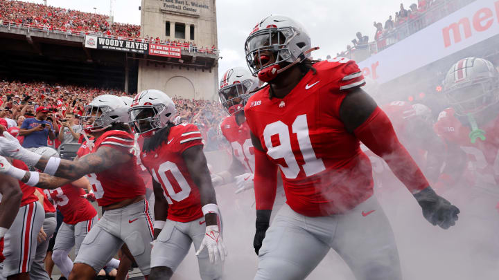 Aug 31, 2024; Columbus, Ohio, USA;  Ohio State Buckeyes defensive tackle Tyleik Williams (91) takes the field before a game against the Akron Zips at Ohio Stadium. 