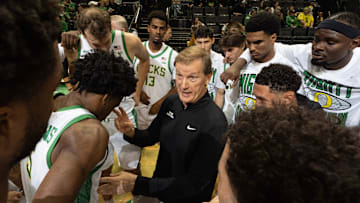 Oregon men's basketball coach Dana Altman gives his team some last second instructions before their exhibition game against Utah at Matthew Knight Arena Oct. 24, 2025.