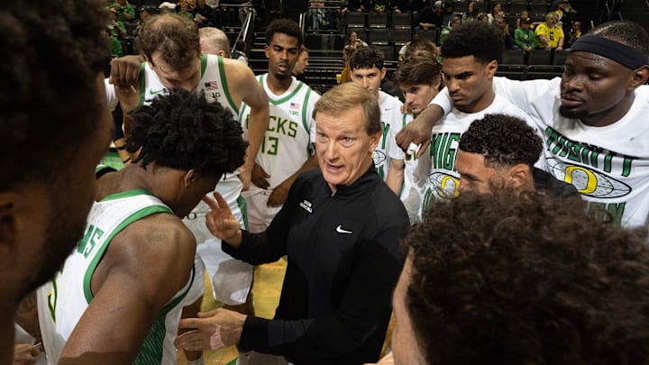 Oregon men's basketball coach Dana Altman gives his team some last second instructions before their exhibition game against Utah at Matthew Knight Arena Oct. 24, 2025.