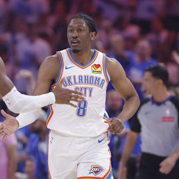 May 13, 2025; Oklahoma City, Oklahoma, USA; Oklahoma City Thunder forward Jalen Williams (8) and guard Shai Gilgeous-Alexander (2) celebrate after a scoring against the Denver Nuggets during the first quarter of game five of the second round for the 2025 NBA Playoffs at Paycom Center. Mandatory Credit: Alonzo Adams-Imagn Images
