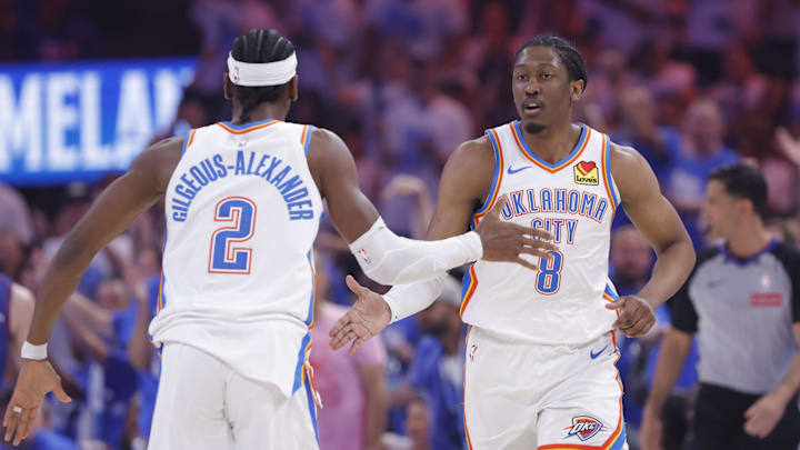 May 13, 2025; Oklahoma City, Oklahoma, USA; Oklahoma City Thunder forward Jalen Williams (8) and guard Shai Gilgeous-Alexander (2) celebrate after a scoring against the Denver Nuggets during the first quarter of game five of the second round for the 2025 NBA Playoffs at Paycom Center. Mandatory Credit: Alonzo Adams-Imagn Images