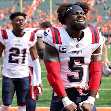 Sep 8, 2024; Cincinnati, Ohio, USA;  New England Patriots safety Jabrill Peppers (5) celebrates following the win over the Cincinnati Bengals at Paycor Stadium.