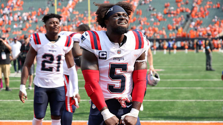 Sep 8, 2024; Cincinnati, Ohio, USA;  New England Patriots safety Jabrill Peppers (5) celebrates following the win over the Cincinnati Bengals at Paycor Stadium.