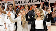 Jan 17, 2024; Stillwater, Okla, USA; Oklahoma State Cowgirls head coach Jacie Hoyt celebrates with the team after a women  s NCAA basketball game against the BYU Cougars at Gallagher Iba Arena. Mandatory Credit: Mitch Alcala-The Oklahoman