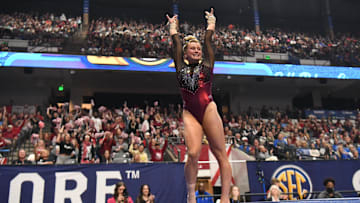 Alabama gymnast Jordyn Paradise  lands her vault during the SEC Gymnastics Championship at Legacy Arena in Birmingham Saturday, March 19, 2022.

Sec Gymnastics Championships