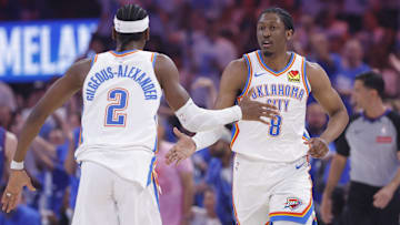 May 13, 2025; Oklahoma City, Oklahoma, USA; Oklahoma City Thunder forward Jalen Williams (8) and guard Shai Gilgeous-Alexander (2) celebrate after a scoring against the Denver Nuggets during the first quarter of game five of the second round for the 2025 NBA Playoffs at Paycom Center. Mandatory Credit: Alonzo Adams-Imagn Images