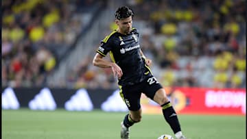 Aug 31, 2024; Columbus, Ohio, USA; Columbus Crew forward Max Arfsten (27) controls the ball during the first half against the New York City at Lower.com Field. Mandatory Credit: Joseph Maiorana-Imagn Images